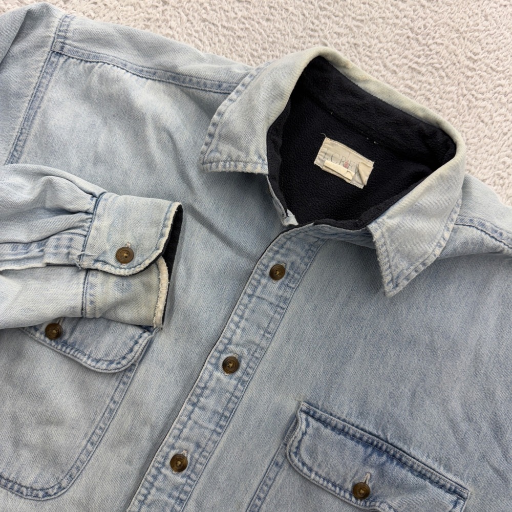 J Crew Oarsman Vintage Mens Light Wash Fleece Lined Denim Shirt Jacket Small